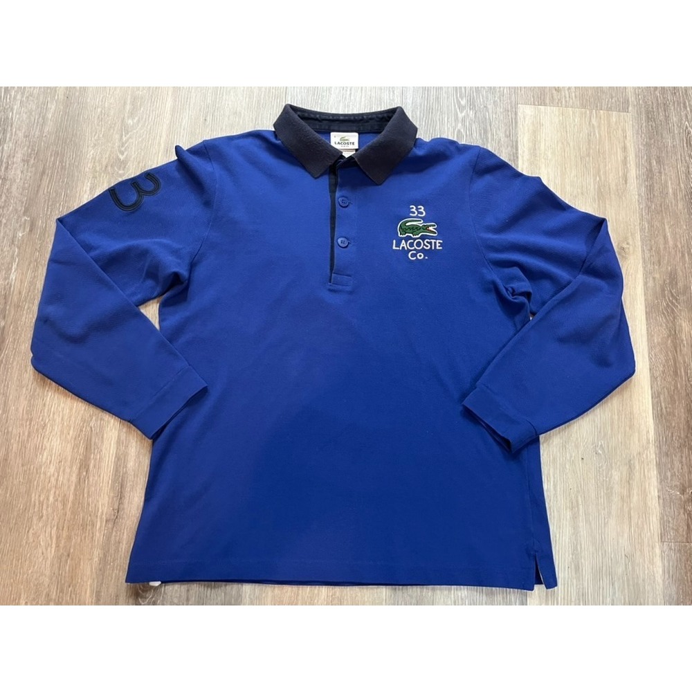 Vtg Izod Lacoste Big Croc Navy Long Sleeve Rugby Polo Shirt Mens Size Medium